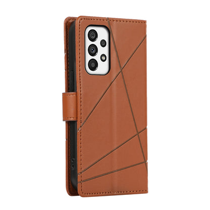 Samsung Galaxy A73 5G PU Genuine Leather Texture Embossed Line Phone Case with Card Wallet, Kickstand & Wrist Strap
