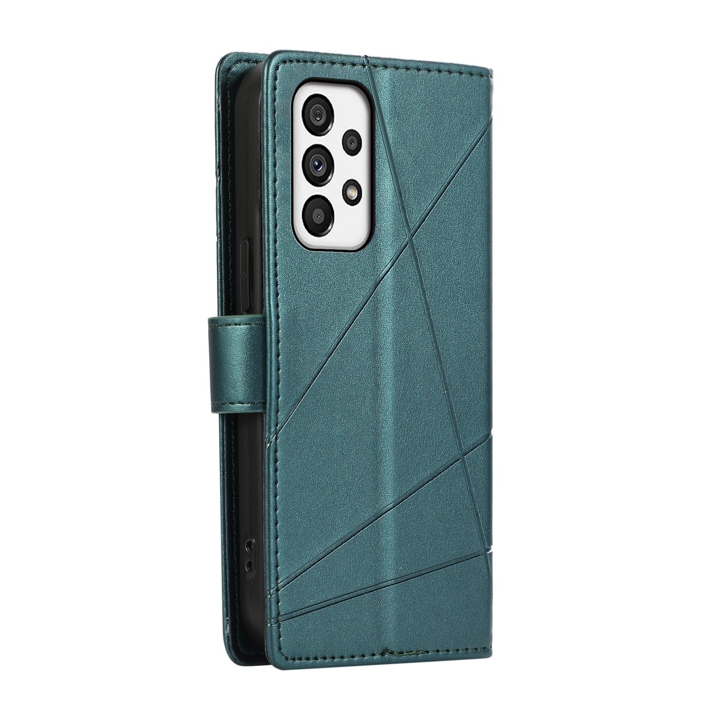 Samsung Galaxy A73 5G PU Genuine Leather Texture Embossed Line Phone Case with Card Wallet, Kickstand & Wrist Strap