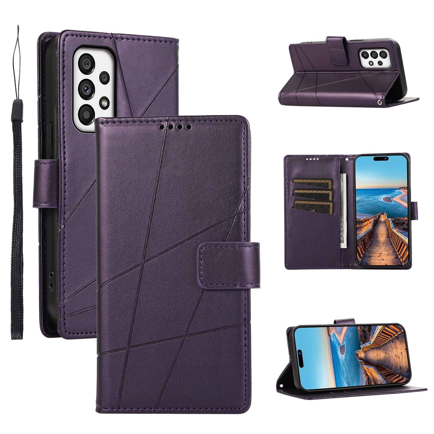 Samsung Galaxy A73 5G PU Genuine Leather Texture Embossed Line Phone Case with Card Wallet, Kickstand & Wrist Strap