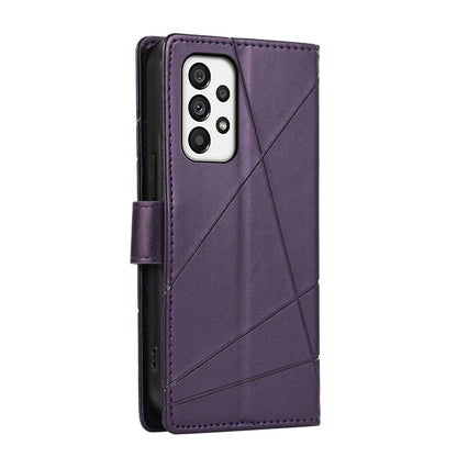 Samsung Galaxy A73 5G PU Genuine Leather Texture Embossed Line Phone Case with Card Wallet, Kickstand & Wrist Strap