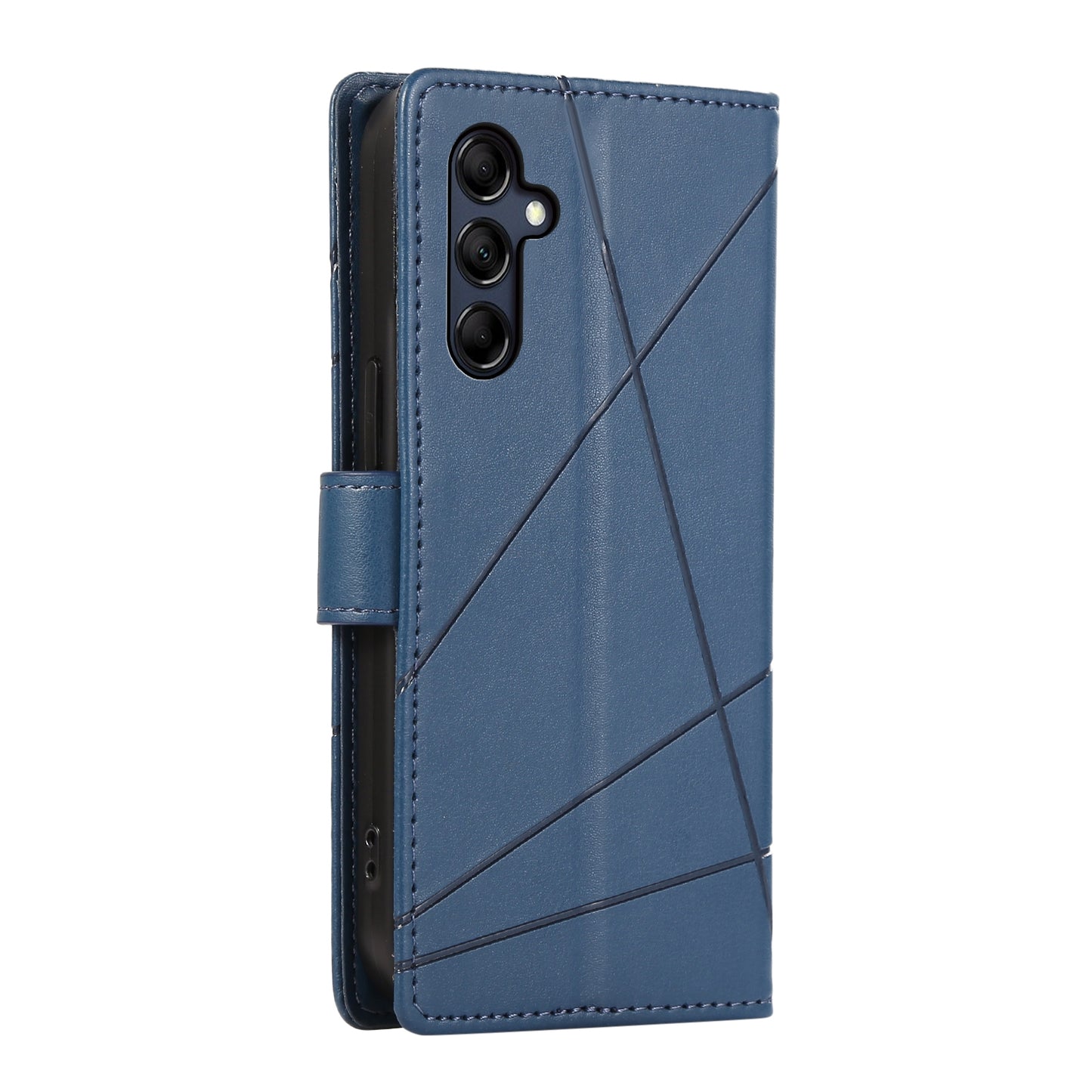 Samsung Galaxy M14 PU Genuine Leather Texture Embossed Line Phone Case with Card Wallet, Kickstand & Wrist Strap