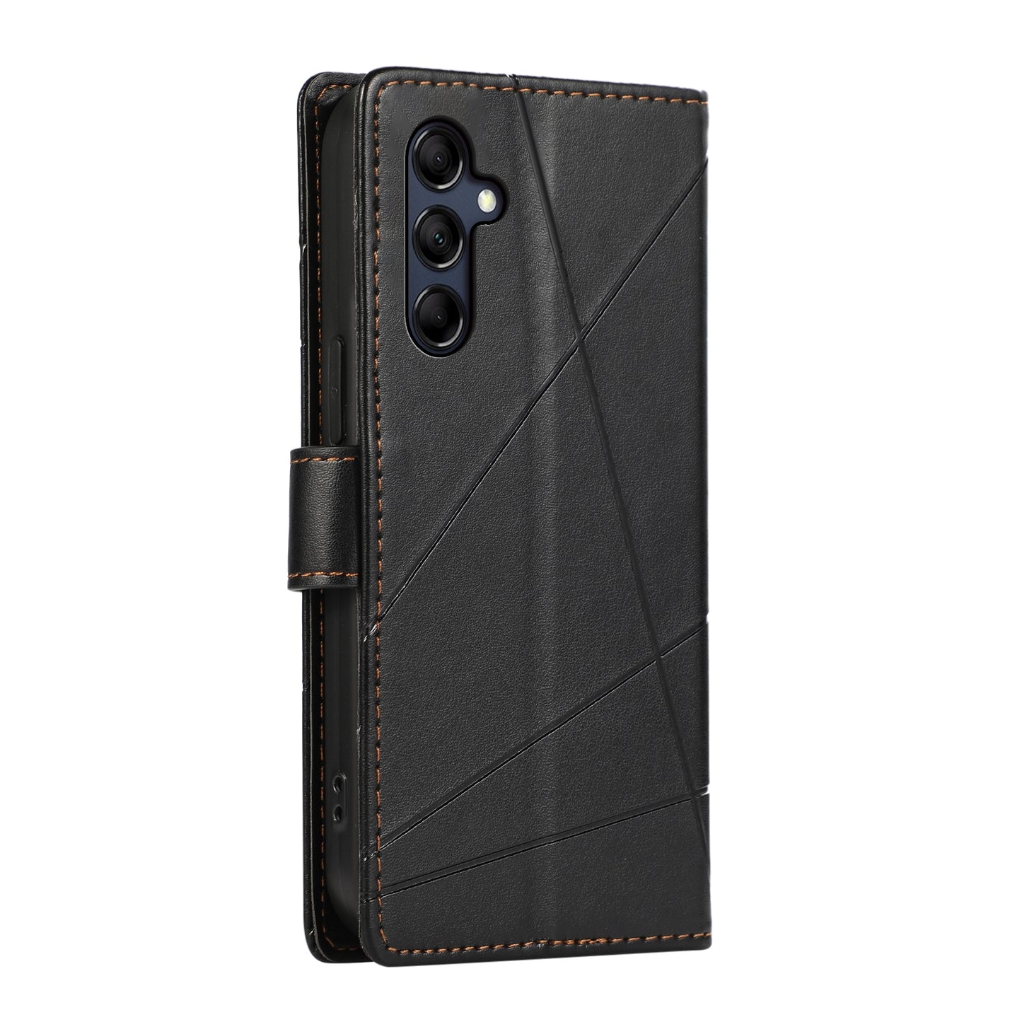 Samsung Galaxy M14 PU Genuine Leather Texture Embossed Line Phone Case with Card Wallet, Kickstand & Wrist Strap