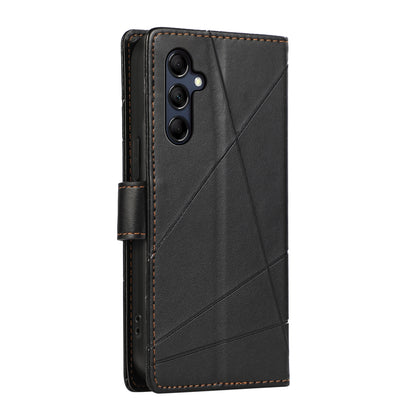 Samsung Galaxy M14 PU Genuine Leather Texture Embossed Line Phone Case with Card Wallet, Kickstand & Wrist Strap