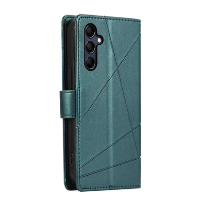 Samsung Galaxy M14 PU Genuine Leather Texture Embossed Line Phone Case with Card Wallet, Kickstand & Wrist Strap