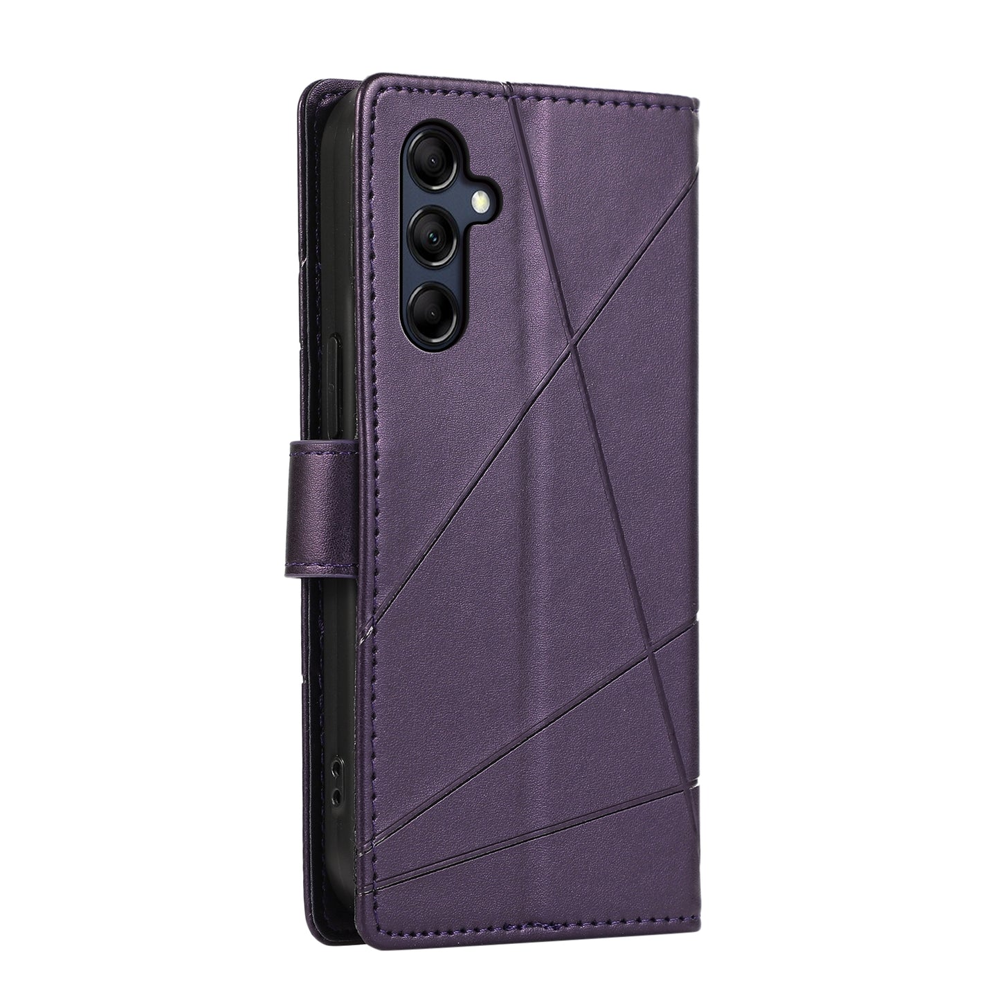 Samsung Galaxy M14 PU Genuine Leather Texture Embossed Line Phone Case with Card Wallet, Kickstand & Wrist Strap