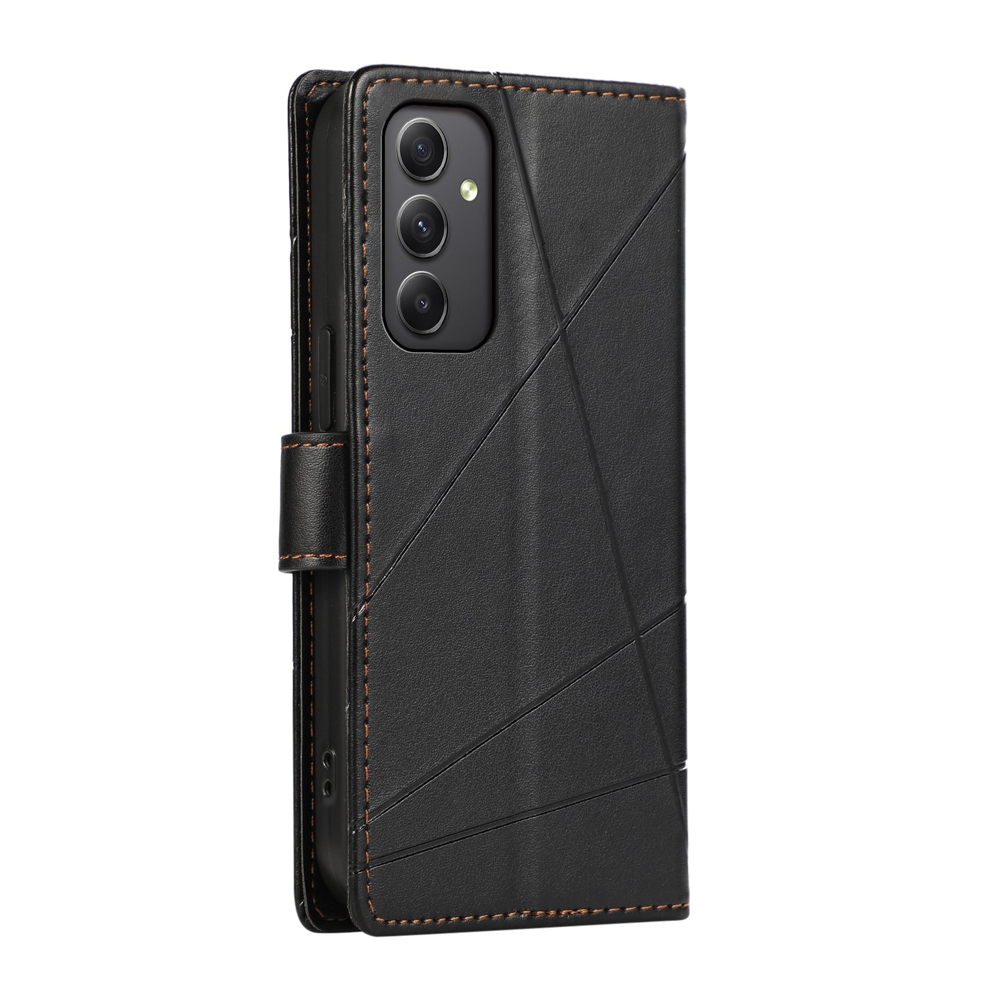 Samsung Galaxy M34 5G PU Genuine Leather Texture Embossed Line Phone Case with Card Wallet, Kickstand & Wrist Strap