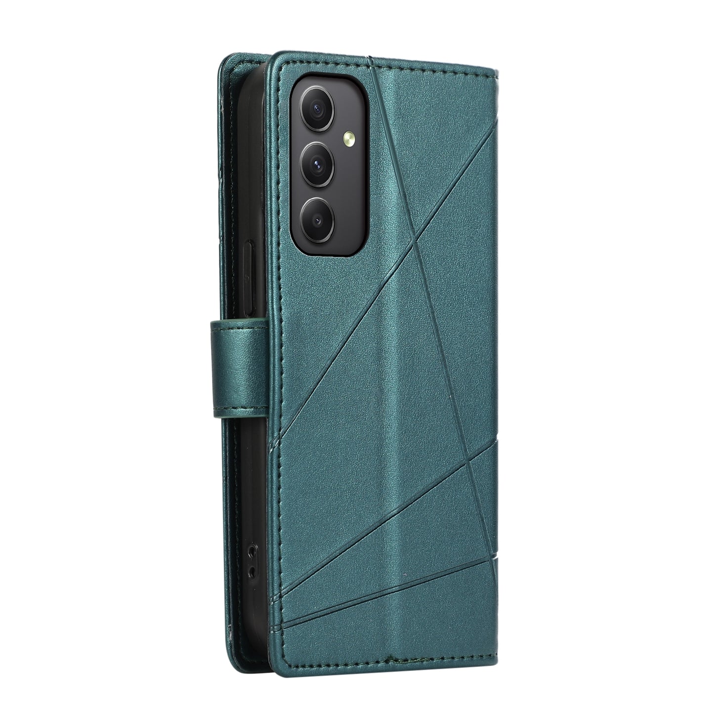 Samsung Galaxy M34 5G PU Genuine Leather Texture Embossed Line Phone Case with Card Wallet, Kickstand & Wrist Strap