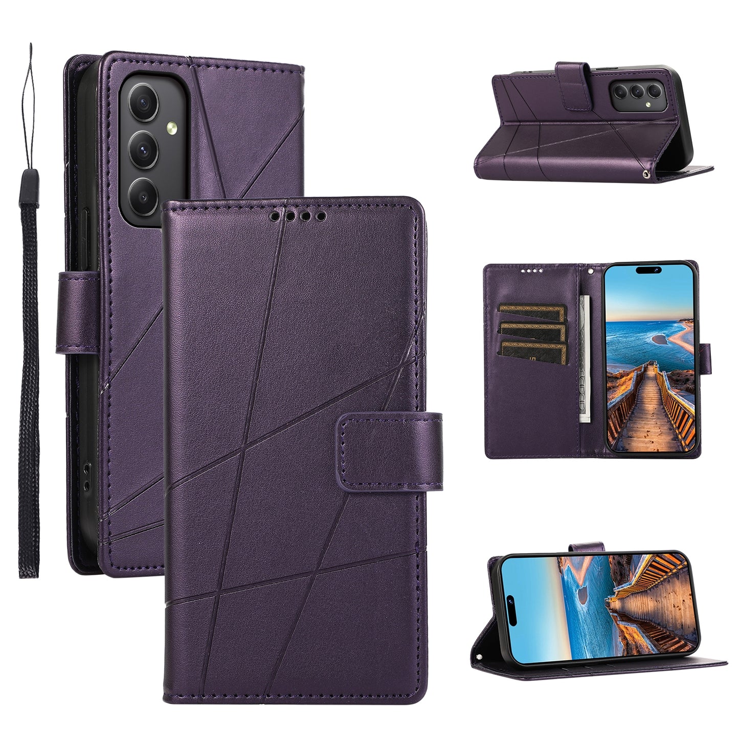 Samsung Galaxy M34 5G PU Genuine Leather Texture Embossed Line Phone Case with Card Wallet, Kickstand & Wrist Strap