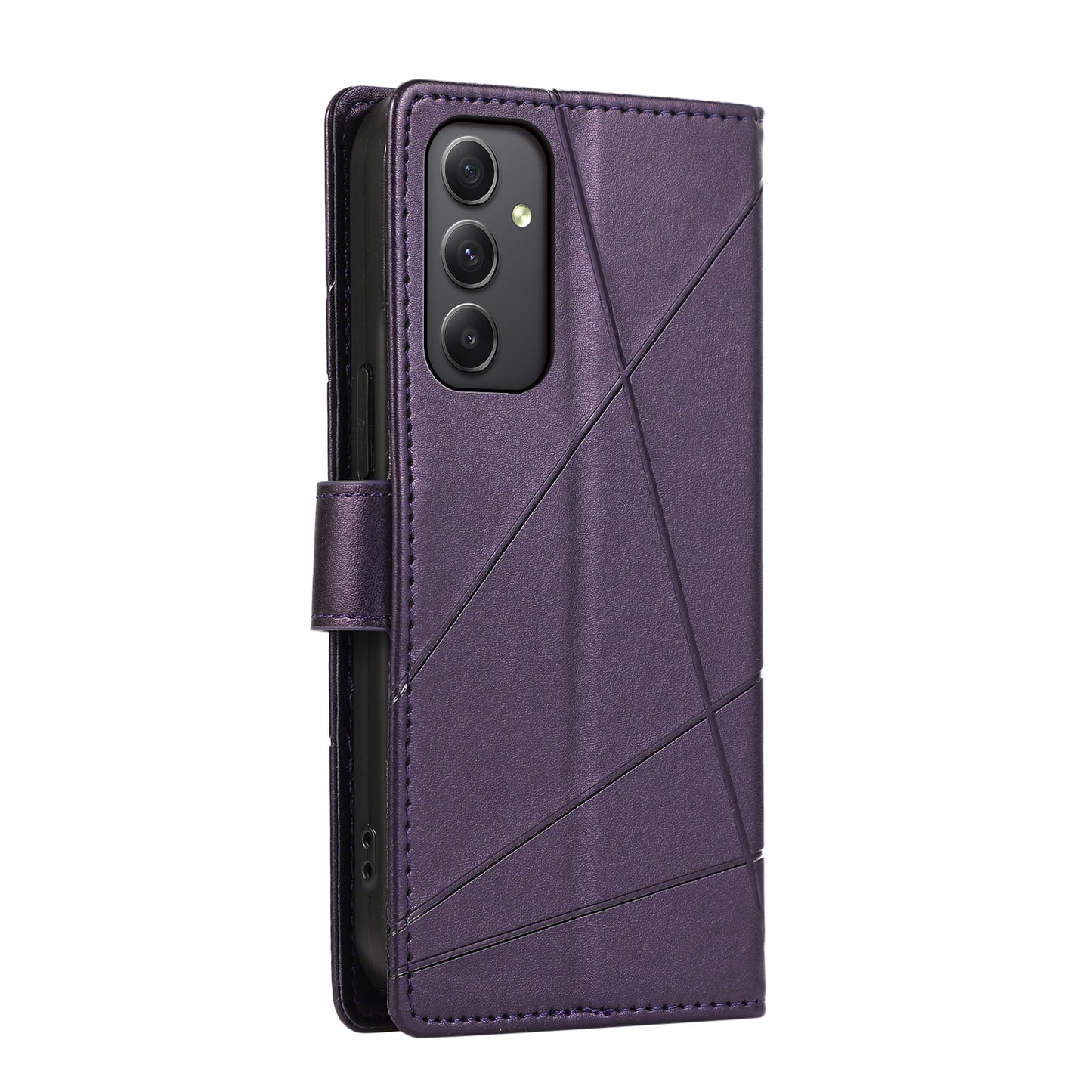 Samsung Galaxy M34 5G PU Genuine Leather Texture Embossed Line Phone Case with Card Wallet, Kickstand & Wrist Strap