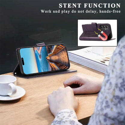 Samsung Galaxy M34 5G PU Genuine Leather Texture Embossed Line Phone Case with Card Wallet, Kickstand & Wrist Strap