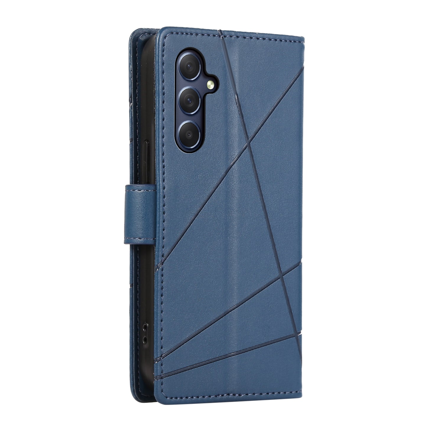 Samsung Galaxy M54 PU Genuine Leather Texture Embossed Line Phone Case with Card Wallet, Kickstand & Wrist Strap