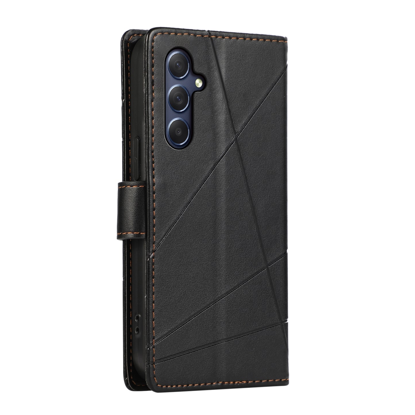 Samsung Galaxy M54 PU Genuine Leather Texture Embossed Line Phone Case with Card Wallet, Kickstand & Wrist Strap
