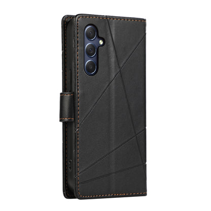 Samsung Galaxy M54 PU Genuine Leather Texture Embossed Line Phone Case with Card Wallet, Kickstand & Wrist Strap