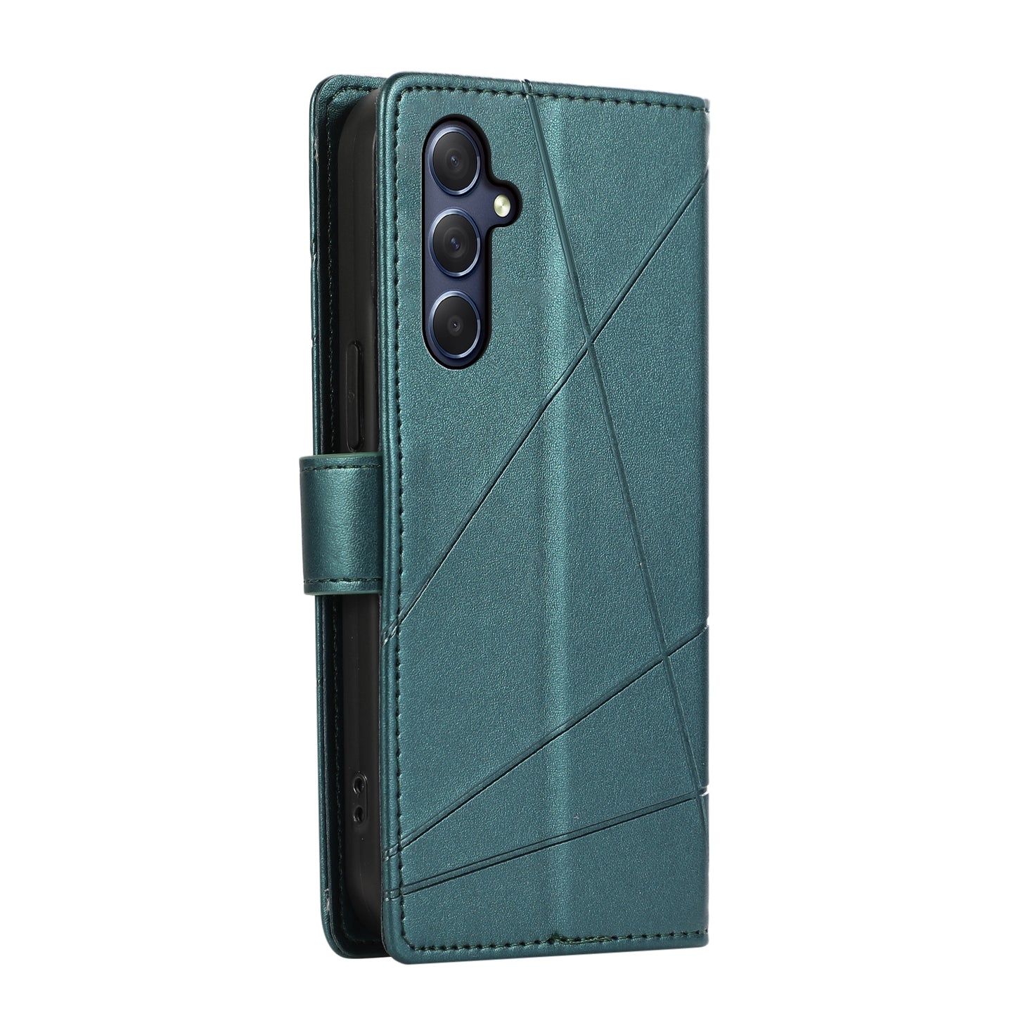Samsung Galaxy M54 PU Genuine Leather Texture Embossed Line Phone Case with Card Wallet, Kickstand & Wrist Strap