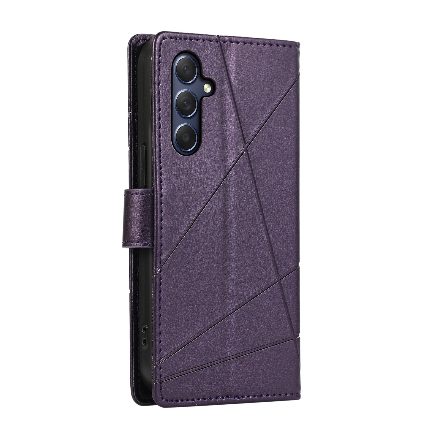 Samsung Galaxy M54 PU Genuine Leather Texture Embossed Line Phone Case with Card Wallet, Kickstand & Wrist Strap