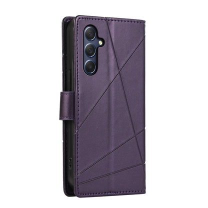 Samsung Galaxy M54 PU Genuine Leather Texture Embossed Line Phone Case with Card Wallet, Kickstand & Wrist Strap