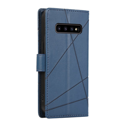 Samsung Galaxy S10 PU Genuine Leather Texture Embossed Line Phone Case with Card Wallet, Kickstand & Wrist Strap
