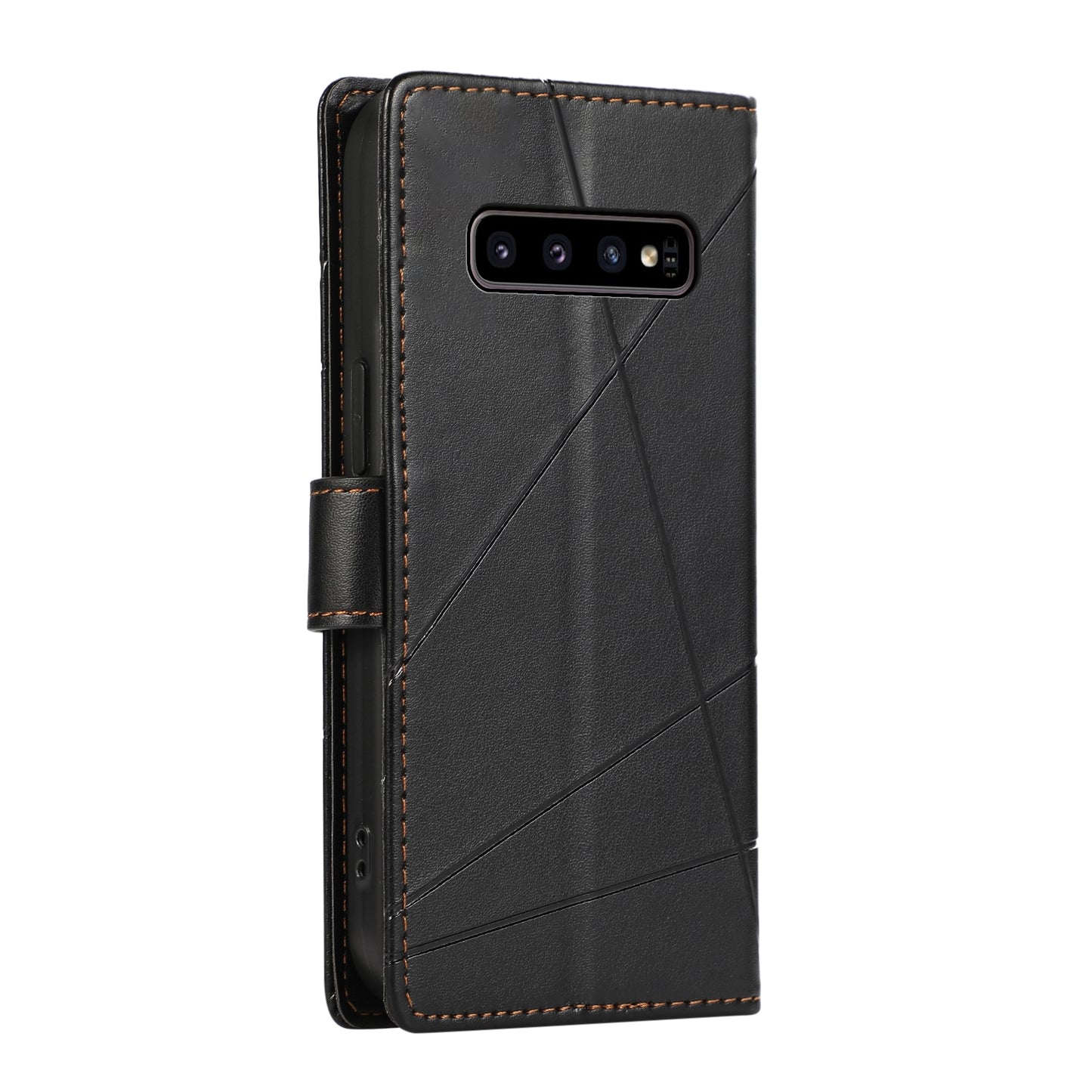 Samsung Galaxy S10 PU Genuine Leather Texture Embossed Line Phone Case with Card Wallet, Kickstand & Wrist Strap