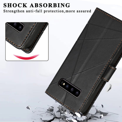 Samsung Galaxy S10 PU Genuine Leather Texture Embossed Line Phone Case with Card Wallet, Kickstand & Wrist Strap