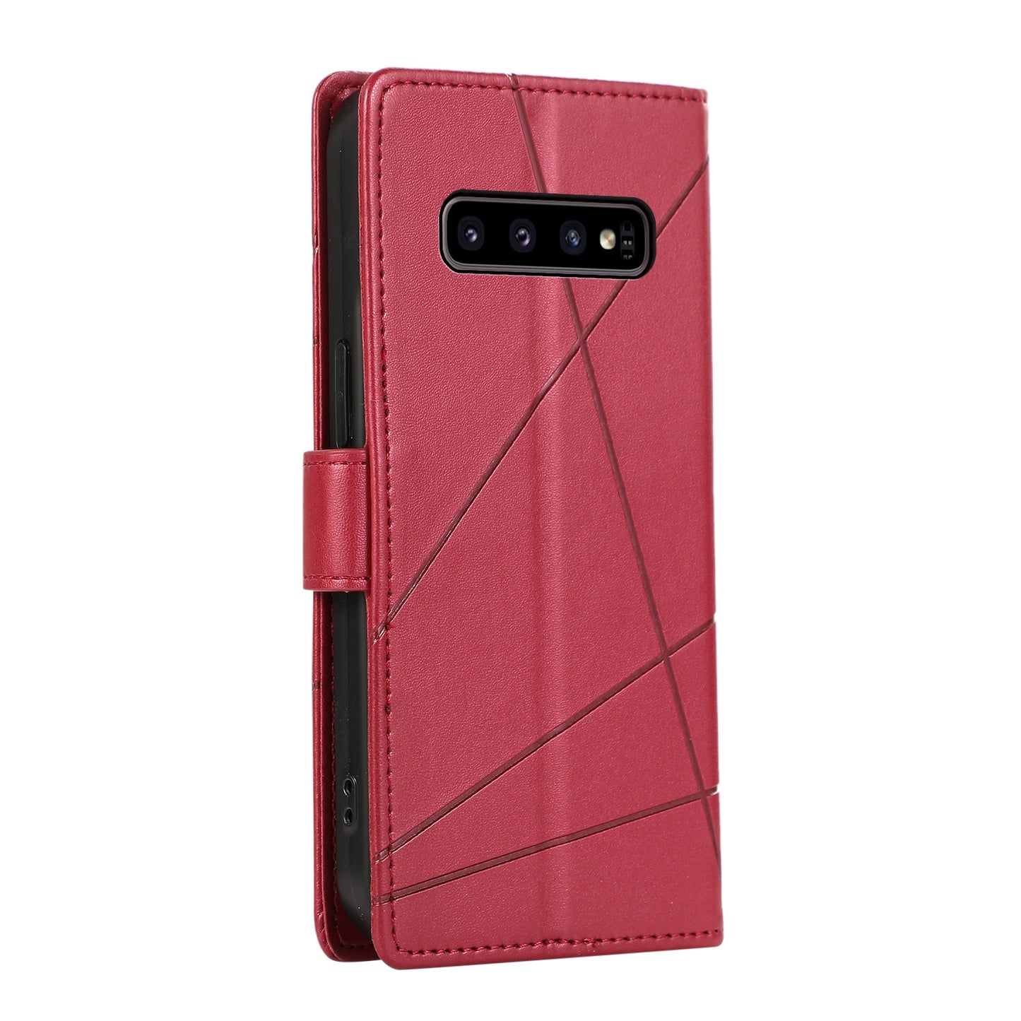 Samsung Galaxy S10 PU Genuine Leather Texture Embossed Line Phone Case with Card Wallet, Kickstand & Wrist Strap