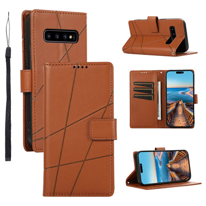 Samsung Galaxy S10 PU Genuine Leather Texture Embossed Line Phone Case with Card Wallet, Kickstand & Wrist Strap