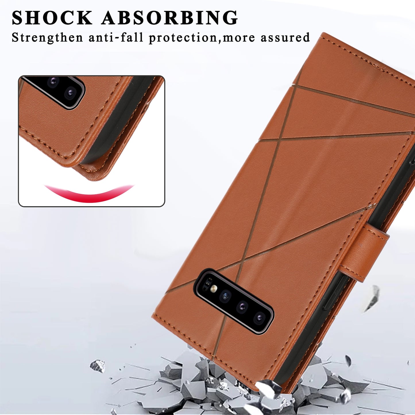 Samsung Galaxy S10 PU Genuine Leather Texture Embossed Line Phone Case with Card Wallet, Kickstand & Wrist Strap