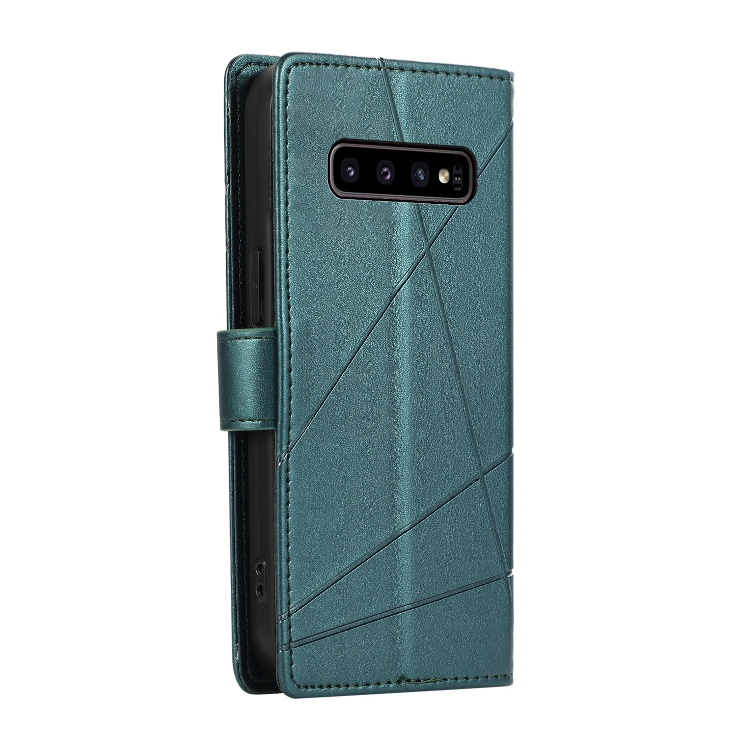 Samsung Galaxy S10 PU Genuine Leather Texture Embossed Line Phone Case with Card Wallet, Kickstand & Wrist Strap