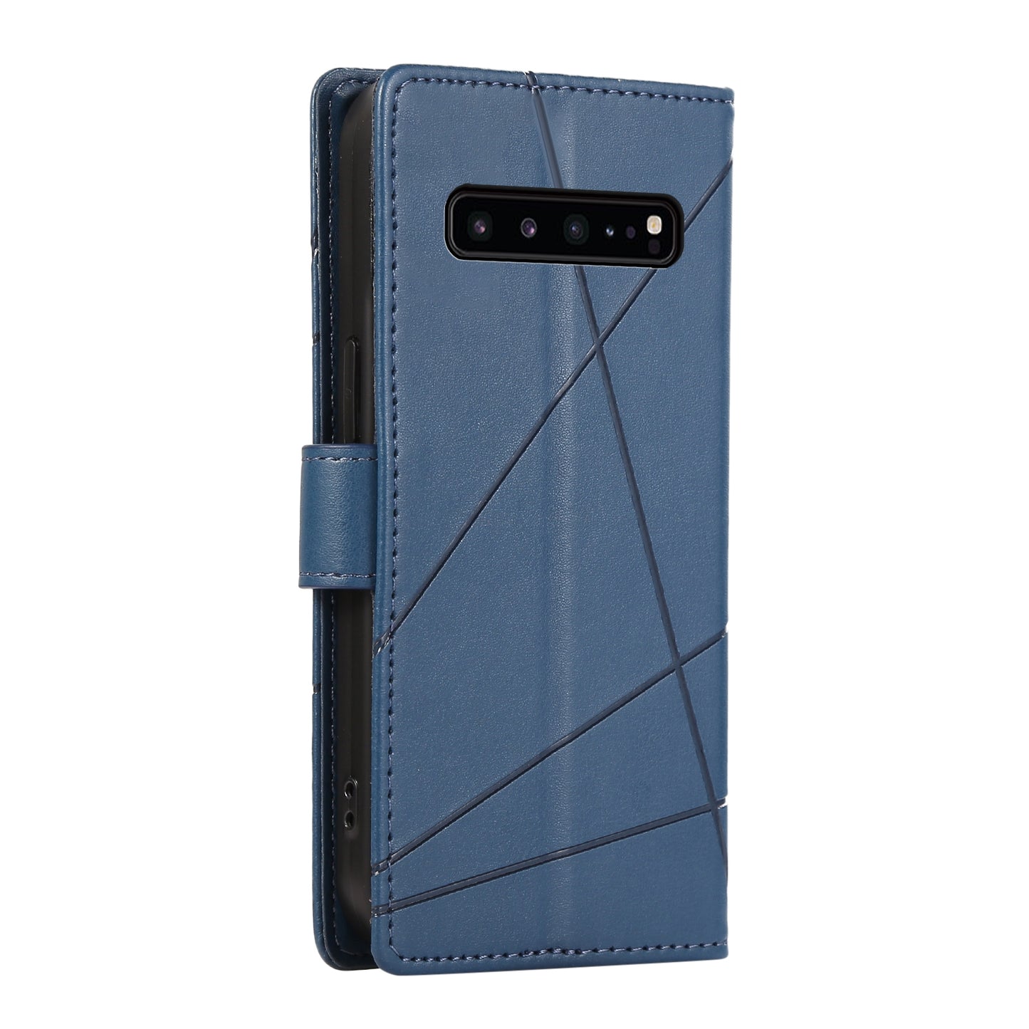 Samsung Galaxy S10 5G PU Genuine Leather Texture Embossed Line Phone Case with Card Wallet, Kickstand & Wrist Strap