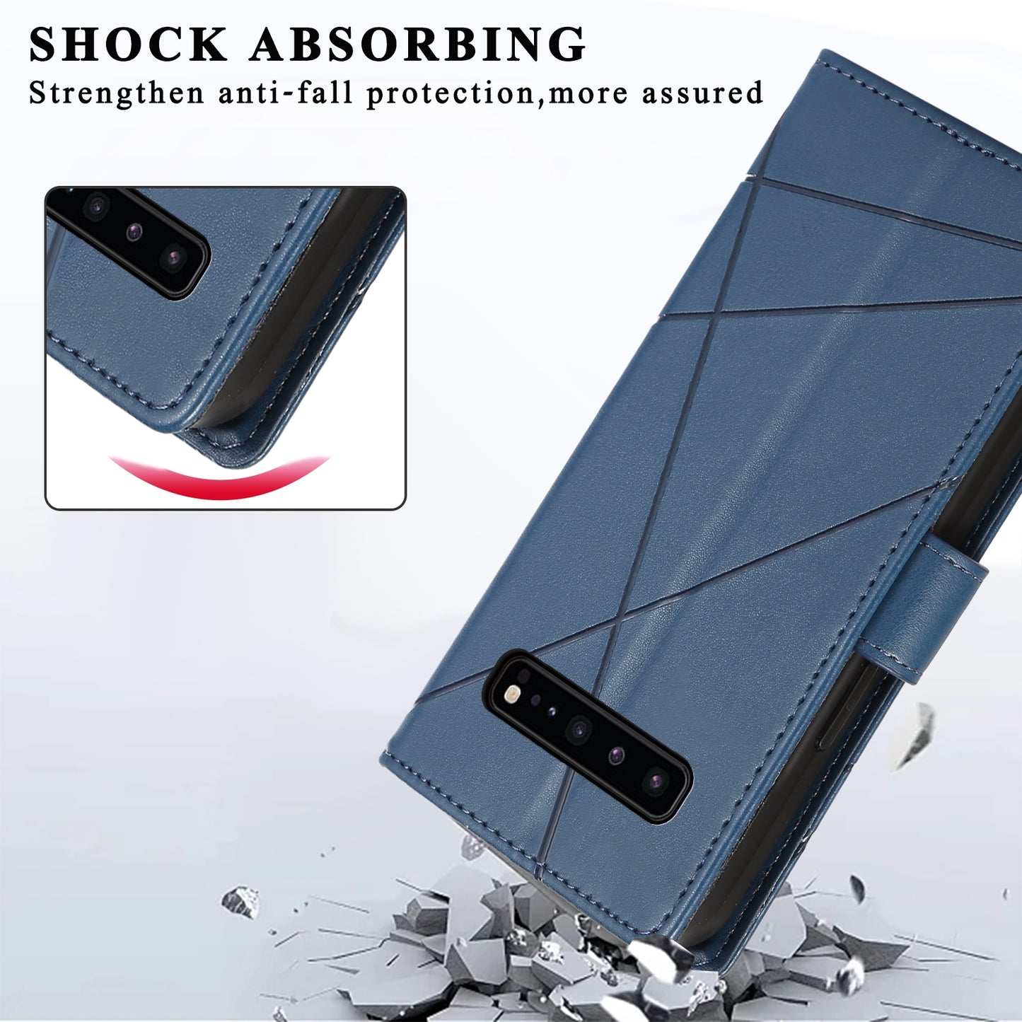 Samsung Galaxy S10 5G PU Genuine Leather Texture Embossed Line Phone Case with Card Wallet, Kickstand & Wrist Strap