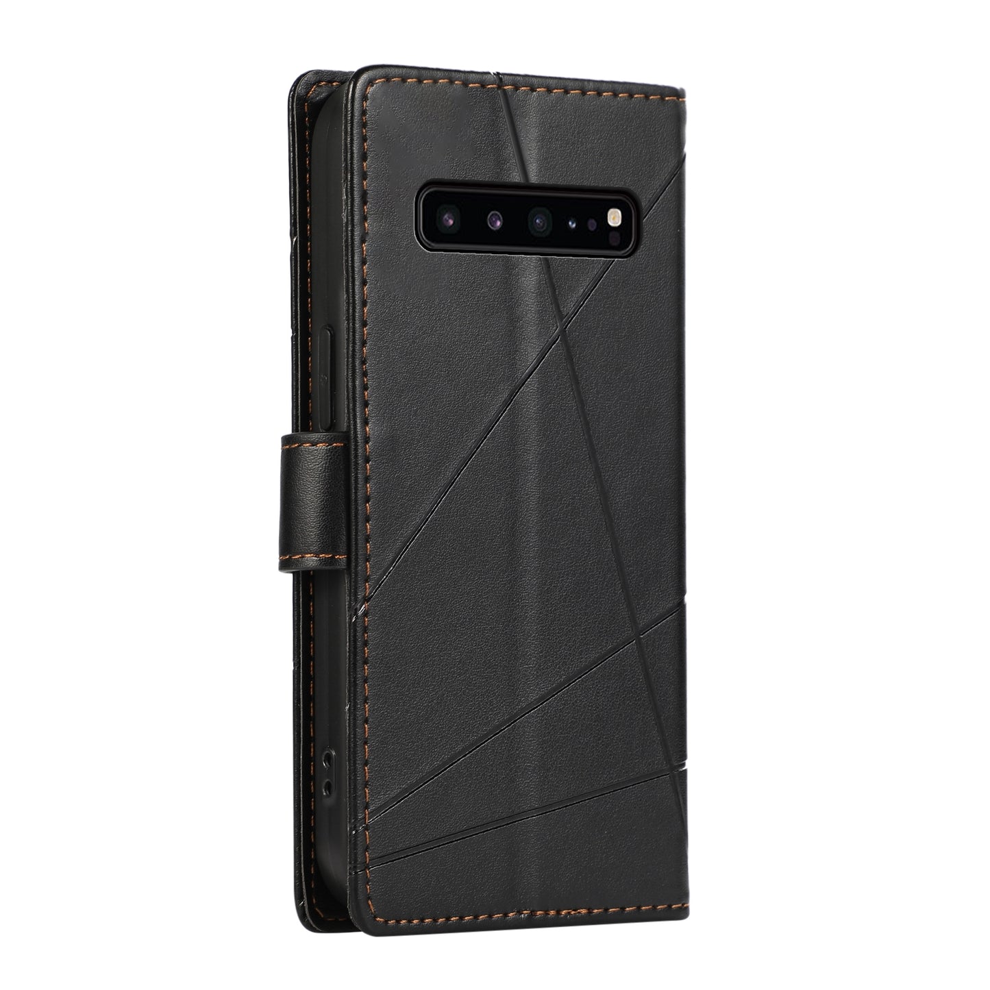 Samsung Galaxy S10 5G PU Genuine Leather Texture Embossed Line Phone Case with Card Wallet, Kickstand & Wrist Strap