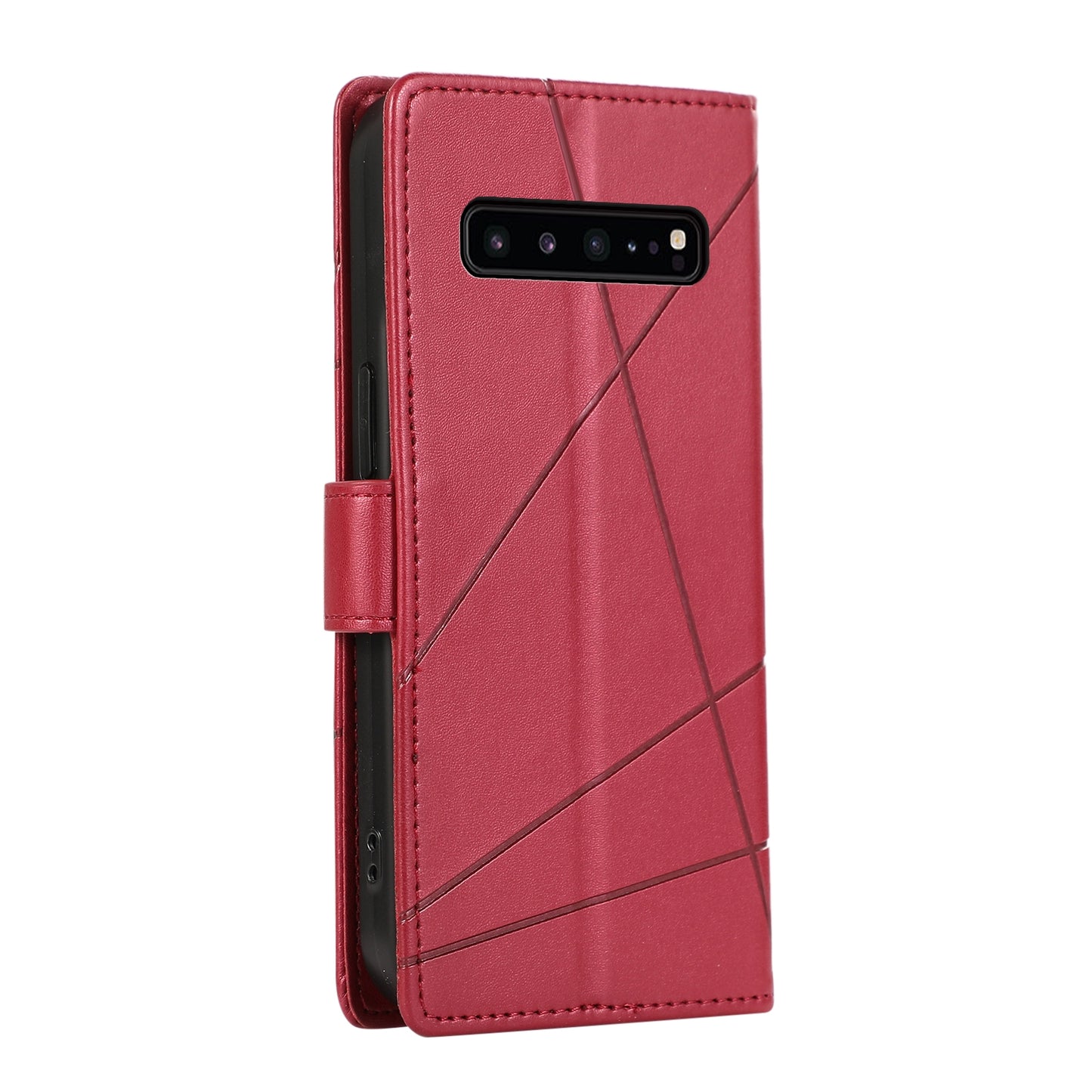 Samsung Galaxy S10 5G PU Genuine Leather Texture Embossed Line Phone Case with Card Wallet, Kickstand & Wrist Strap