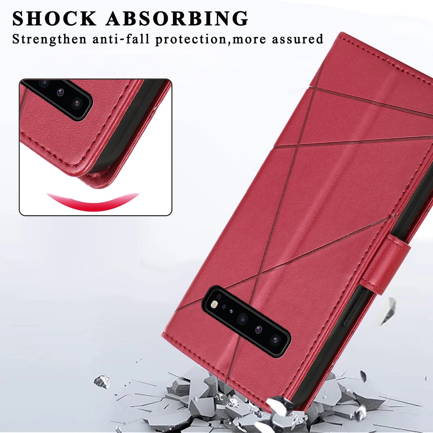 Samsung Galaxy S10 5G PU Genuine Leather Texture Embossed Line Phone Case with Card Wallet, Kickstand & Wrist Strap