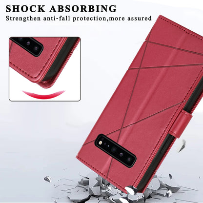 Samsung Galaxy S10 5G PU Genuine Leather Texture Embossed Line Phone Case with Card Wallet, Kickstand & Wrist Strap