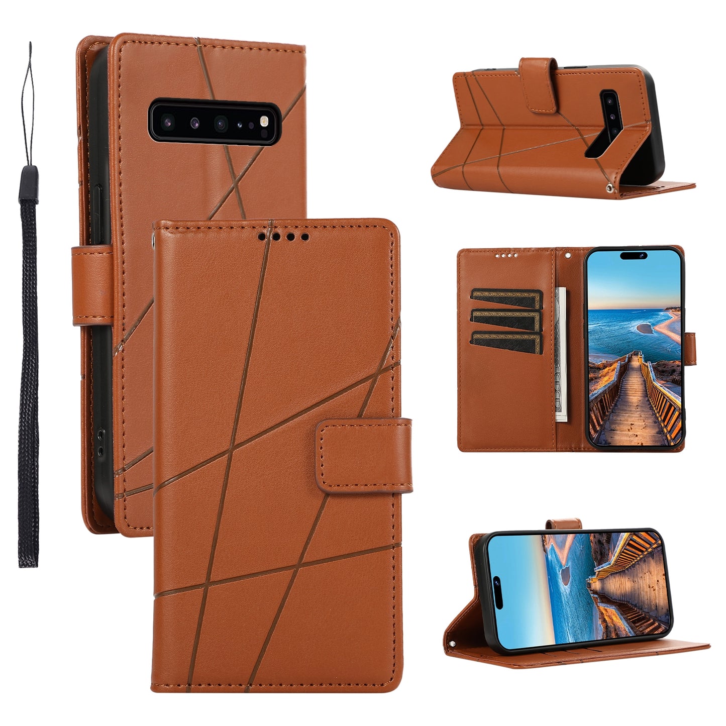 Samsung Galaxy S10 5G PU Genuine Leather Texture Embossed Line Phone Case with Card Wallet, Kickstand & Wrist Strap
