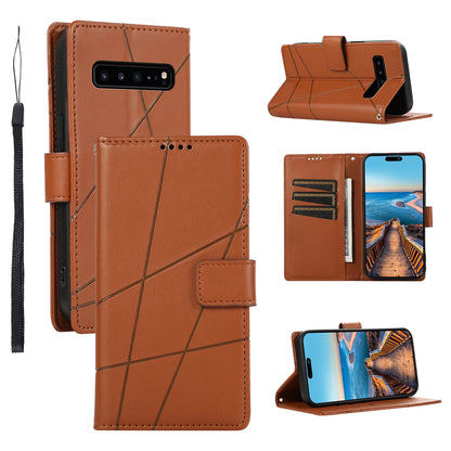Samsung Galaxy S10 5G PU Genuine Leather Texture Embossed Line Phone Case with Card Wallet, Kickstand & Wrist Strap