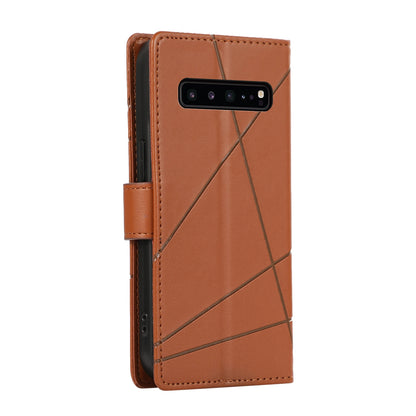 Samsung Galaxy S10 5G PU Genuine Leather Texture Embossed Line Phone Case with Card Wallet, Kickstand & Wrist Strap