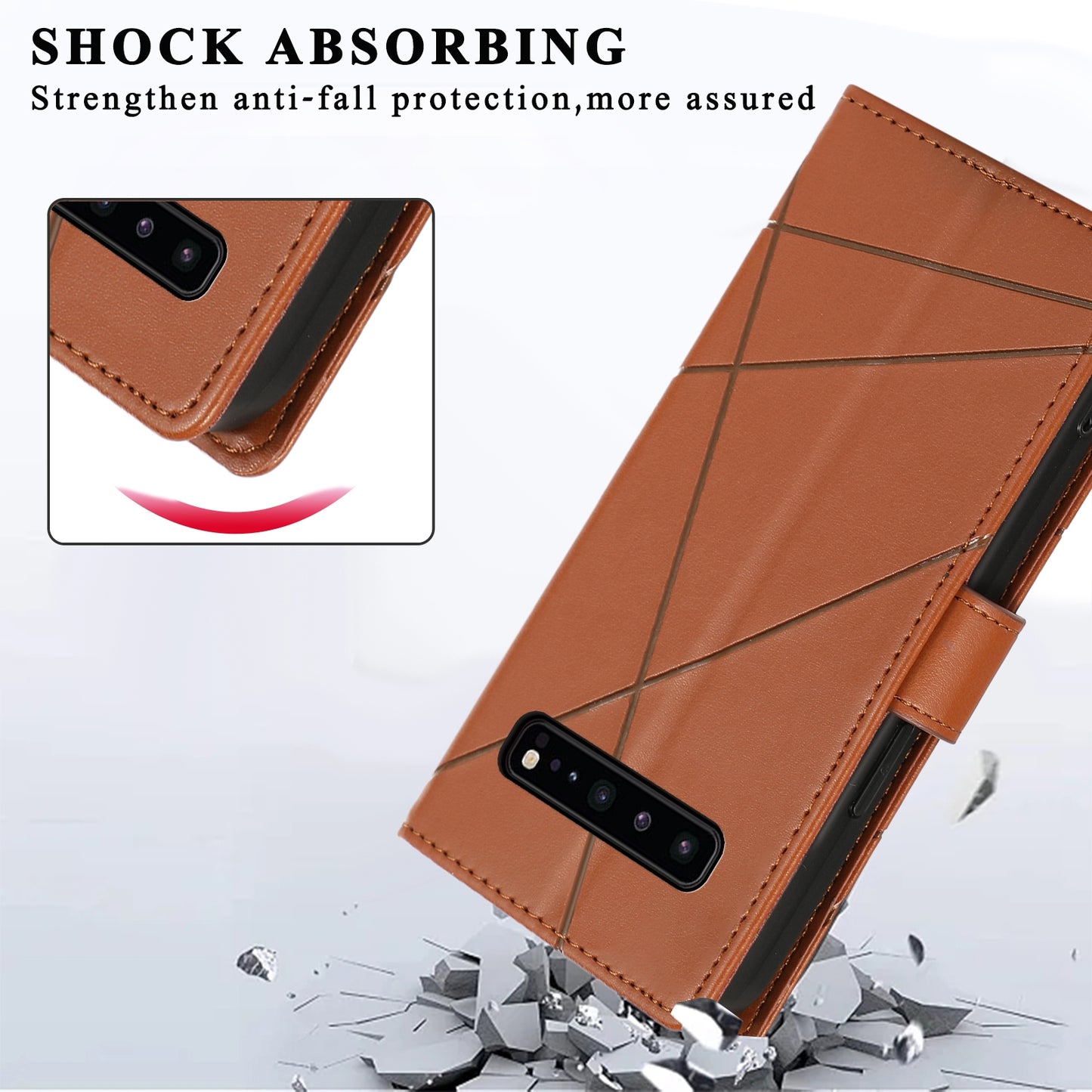 Samsung Galaxy S10 5G PU Genuine Leather Texture Embossed Line Phone Case with Card Wallet, Kickstand & Wrist Strap