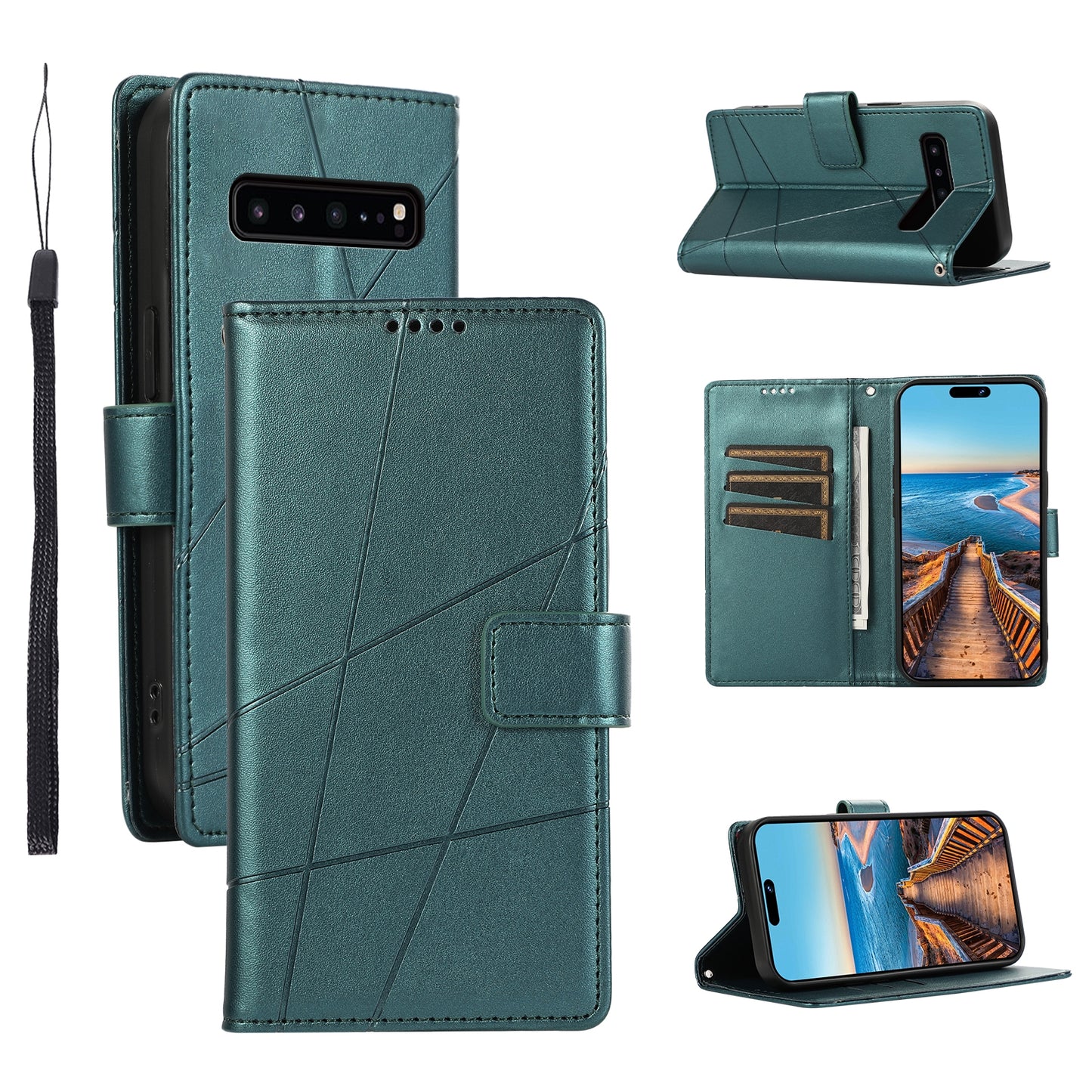 Samsung Galaxy S10 5G PU Genuine Leather Texture Embossed Line Phone Case with Card Wallet, Kickstand & Wrist Strap
