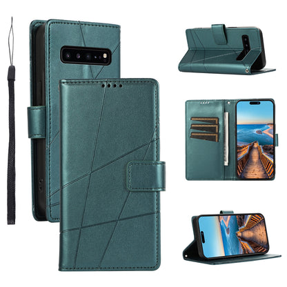 Samsung Galaxy S10 5G PU Genuine Leather Texture Embossed Line Phone Case with Card Wallet, Kickstand & Wrist Strap