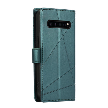 Samsung Galaxy S10 5G PU Genuine Leather Texture Embossed Line Phone Case with Card Wallet, Kickstand & Wrist Strap