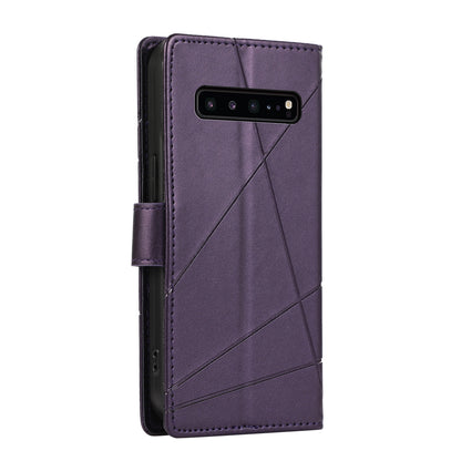 Samsung Galaxy S10 5G PU Genuine Leather Texture Embossed Line Phone Case with Card Wallet, Kickstand & Wrist Strap
