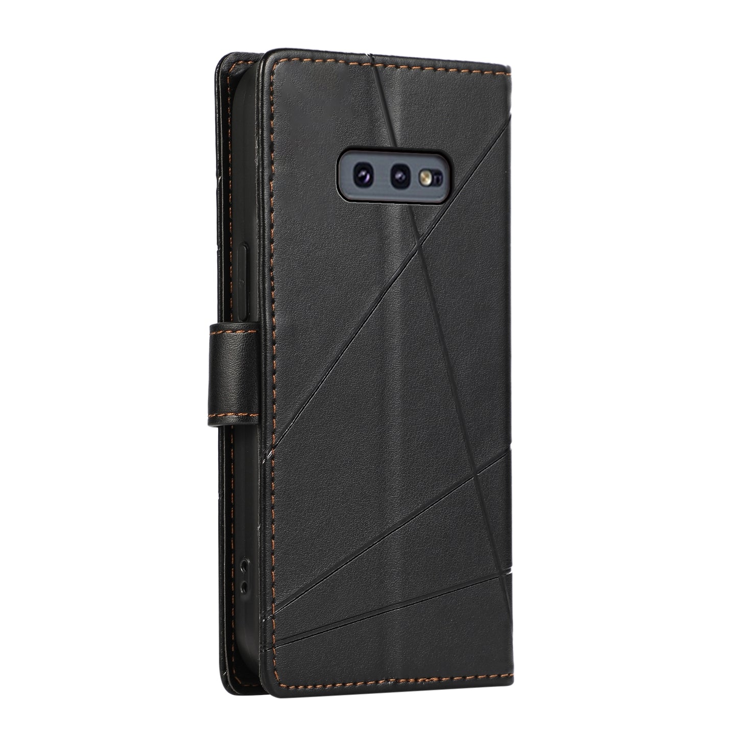 Samsung Galaxy S10e PU Genuine Leather Texture Embossed Line Phone Case with Card Wallet, Kickstand & Wrist Strap