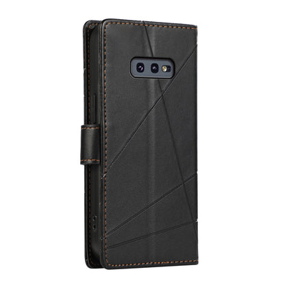 Samsung Galaxy S10e PU Genuine Leather Texture Embossed Line Phone Case with Card Wallet, Kickstand & Wrist Strap