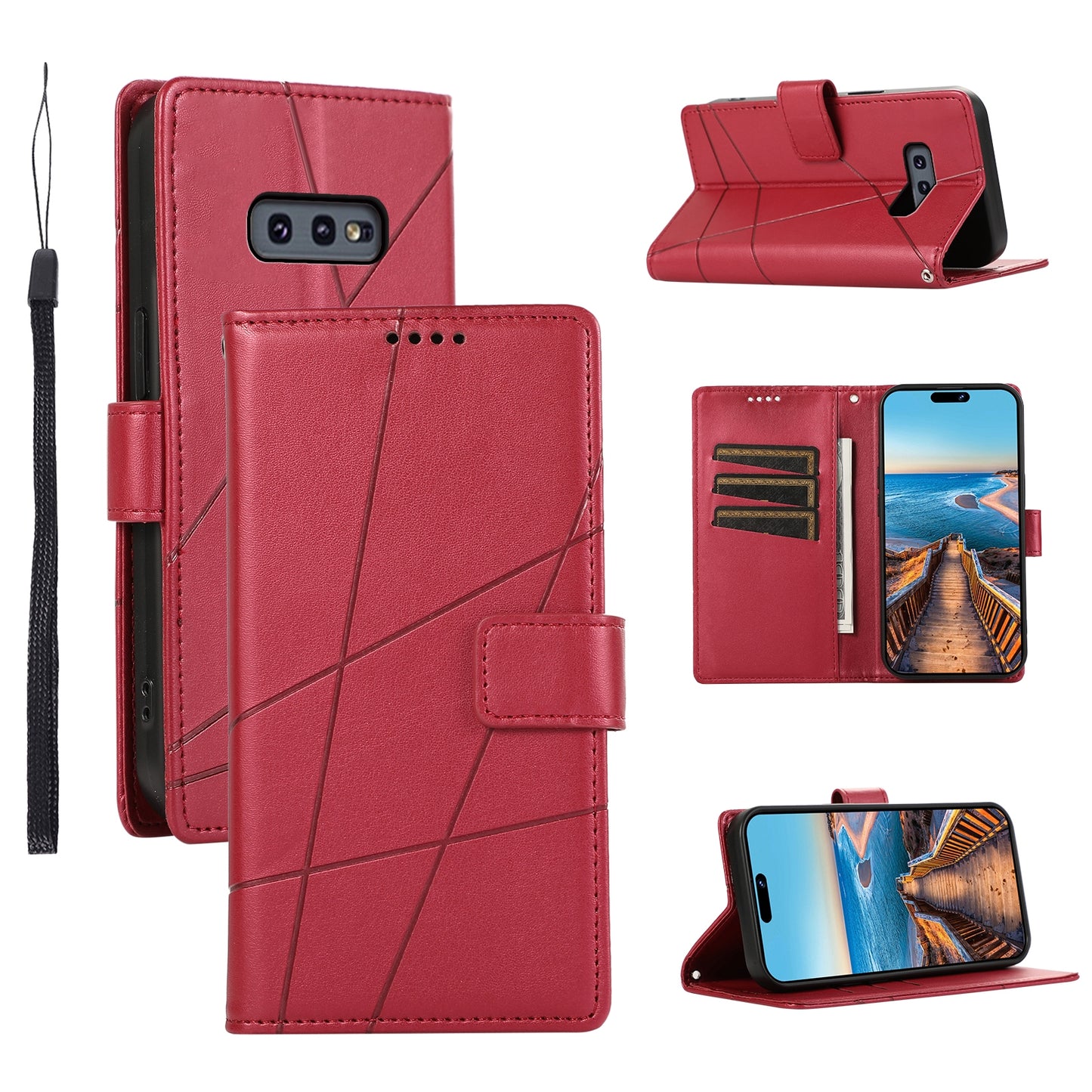 Samsung Galaxy S10e PU Genuine Leather Texture Embossed Line Phone Case with Card Wallet, Kickstand & Wrist Strap