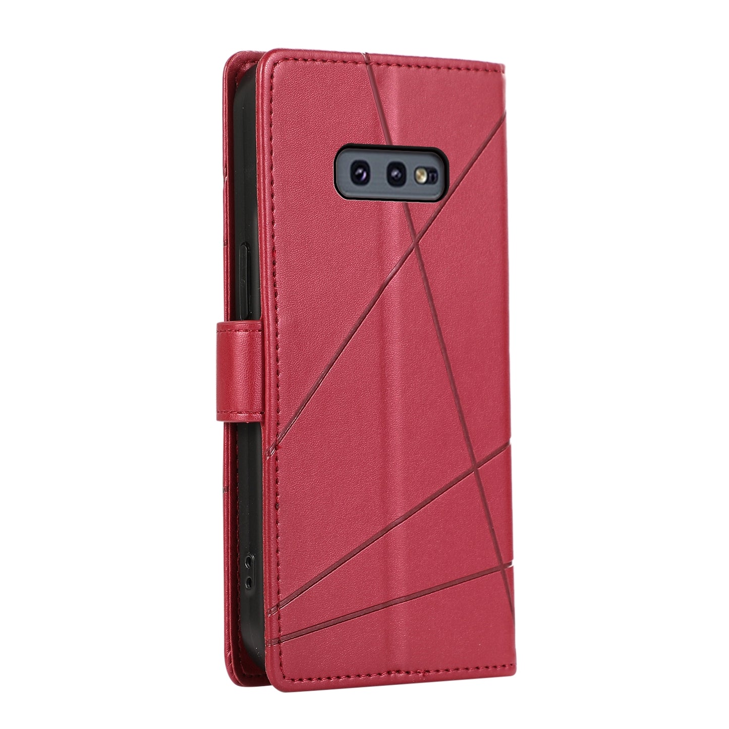 Samsung Galaxy S10e PU Genuine Leather Texture Embossed Line Phone Case with Card Wallet, Kickstand & Wrist Strap