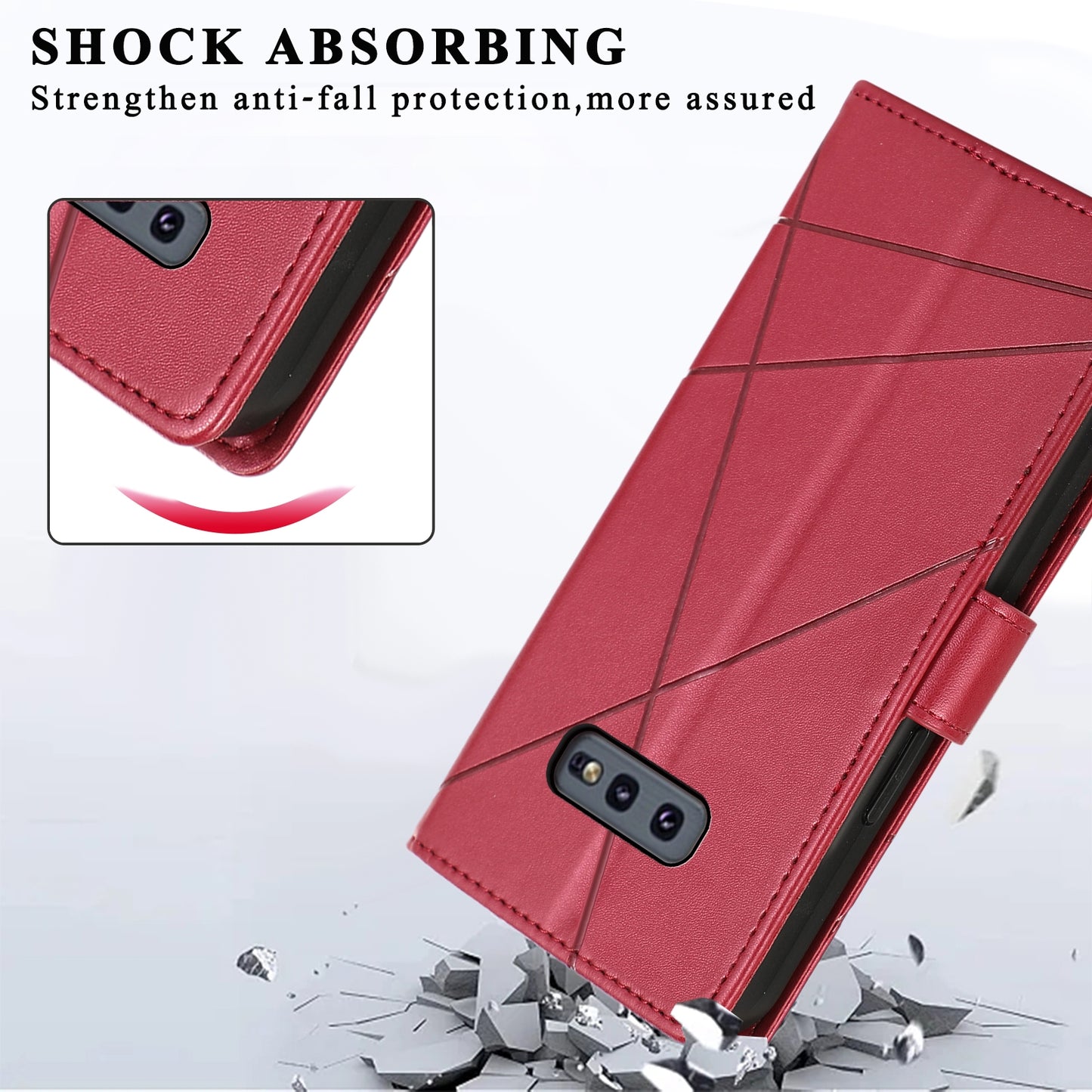 Samsung Galaxy S10e PU Genuine Leather Texture Embossed Line Phone Case with Card Wallet, Kickstand & Wrist Strap