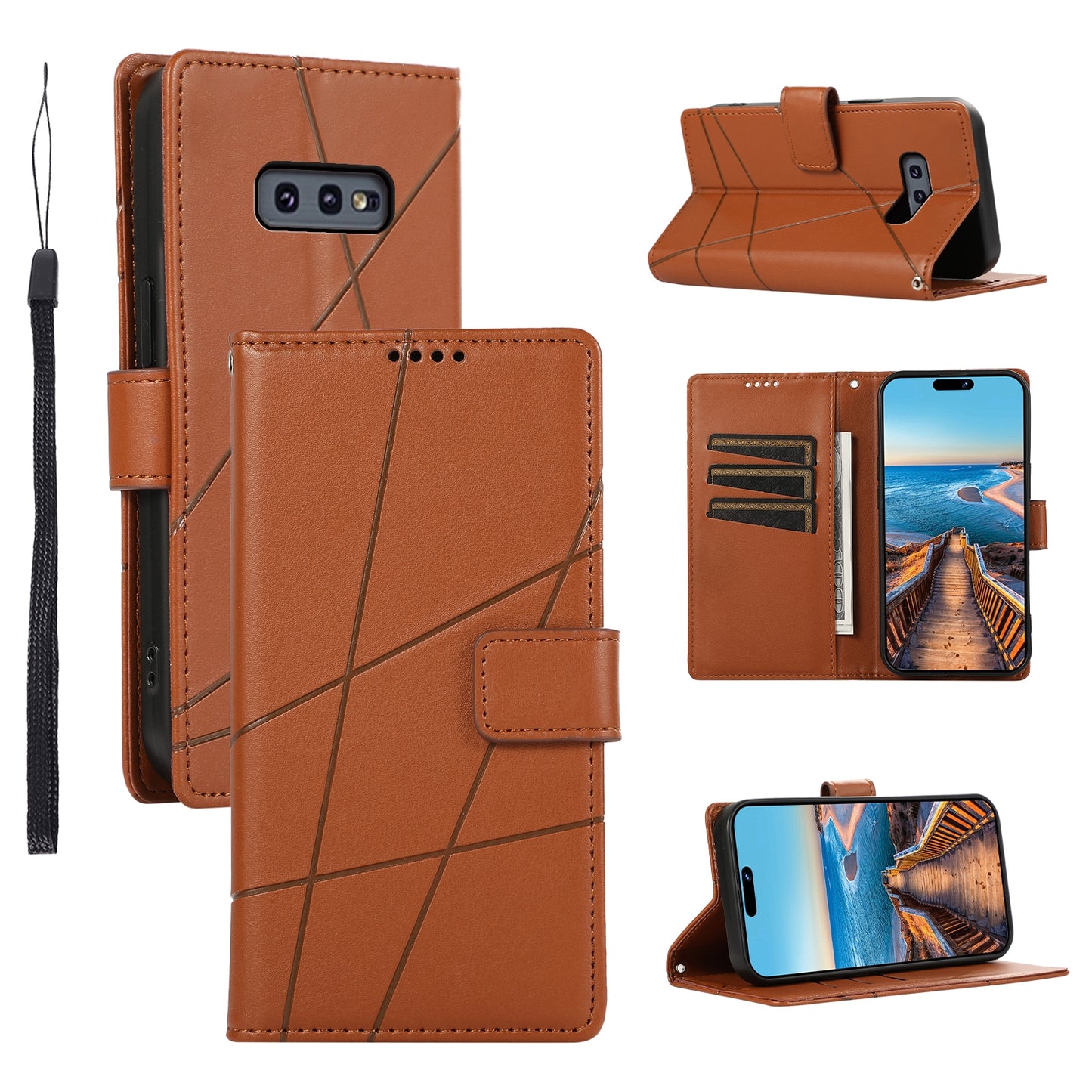 Samsung Galaxy S10e PU Genuine Leather Texture Embossed Line Phone Case with Card Wallet, Kickstand & Wrist Strap