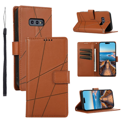 Samsung Galaxy S10e PU Genuine Leather Texture Embossed Line Phone Case with Card Wallet, Kickstand & Wrist Strap