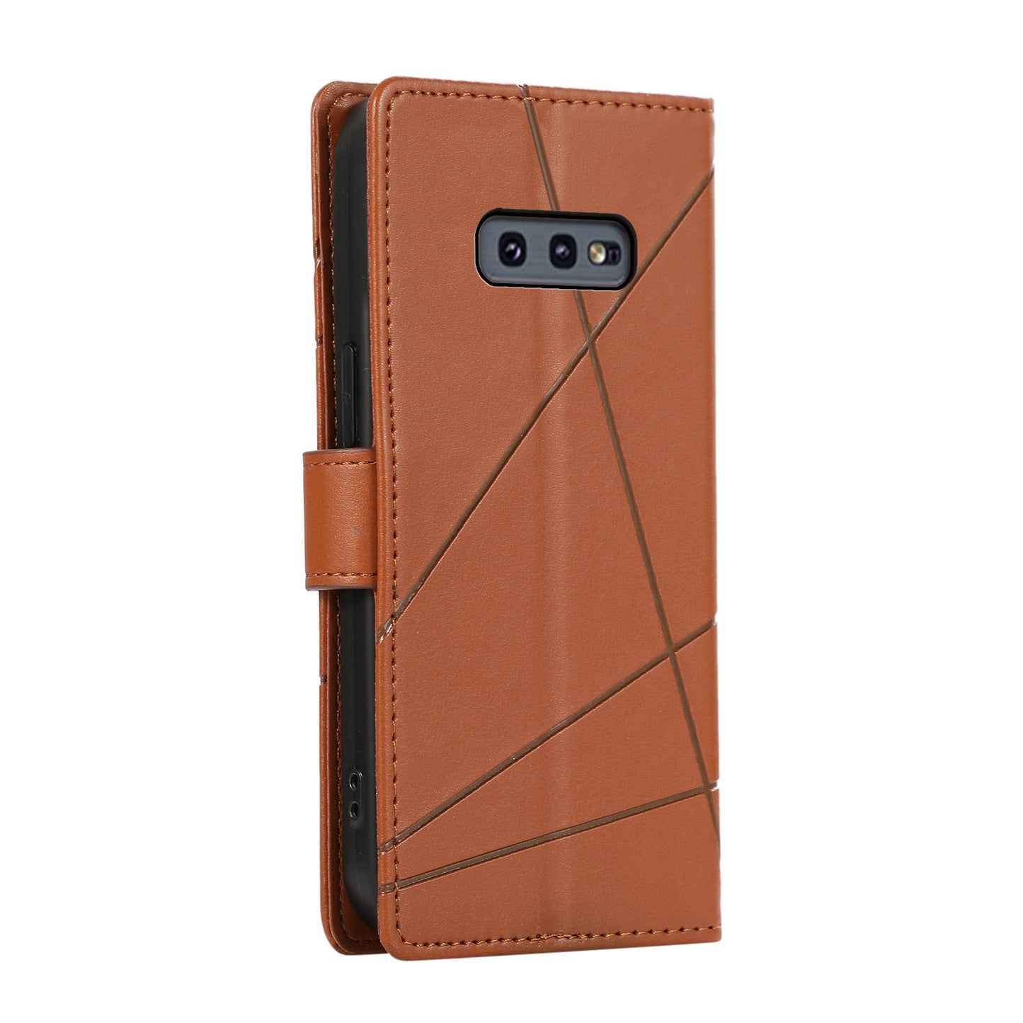 Samsung Galaxy S10e PU Genuine Leather Texture Embossed Line Phone Case with Card Wallet, Kickstand & Wrist Strap