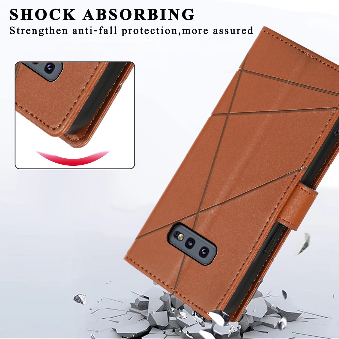 Samsung Galaxy S10e PU Genuine Leather Texture Embossed Line Phone Case with Card Wallet, Kickstand & Wrist Strap